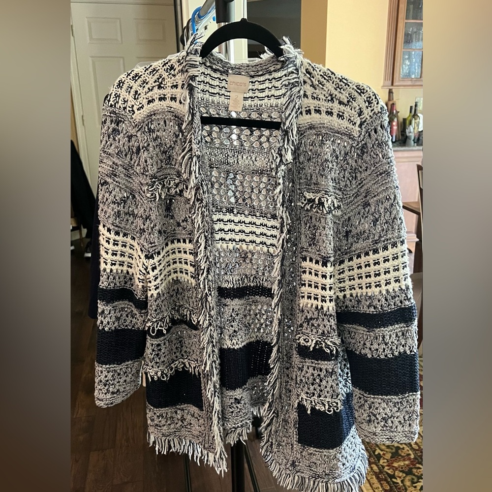 Chico’s Fringe Detail Textured Cardigan, Size 2